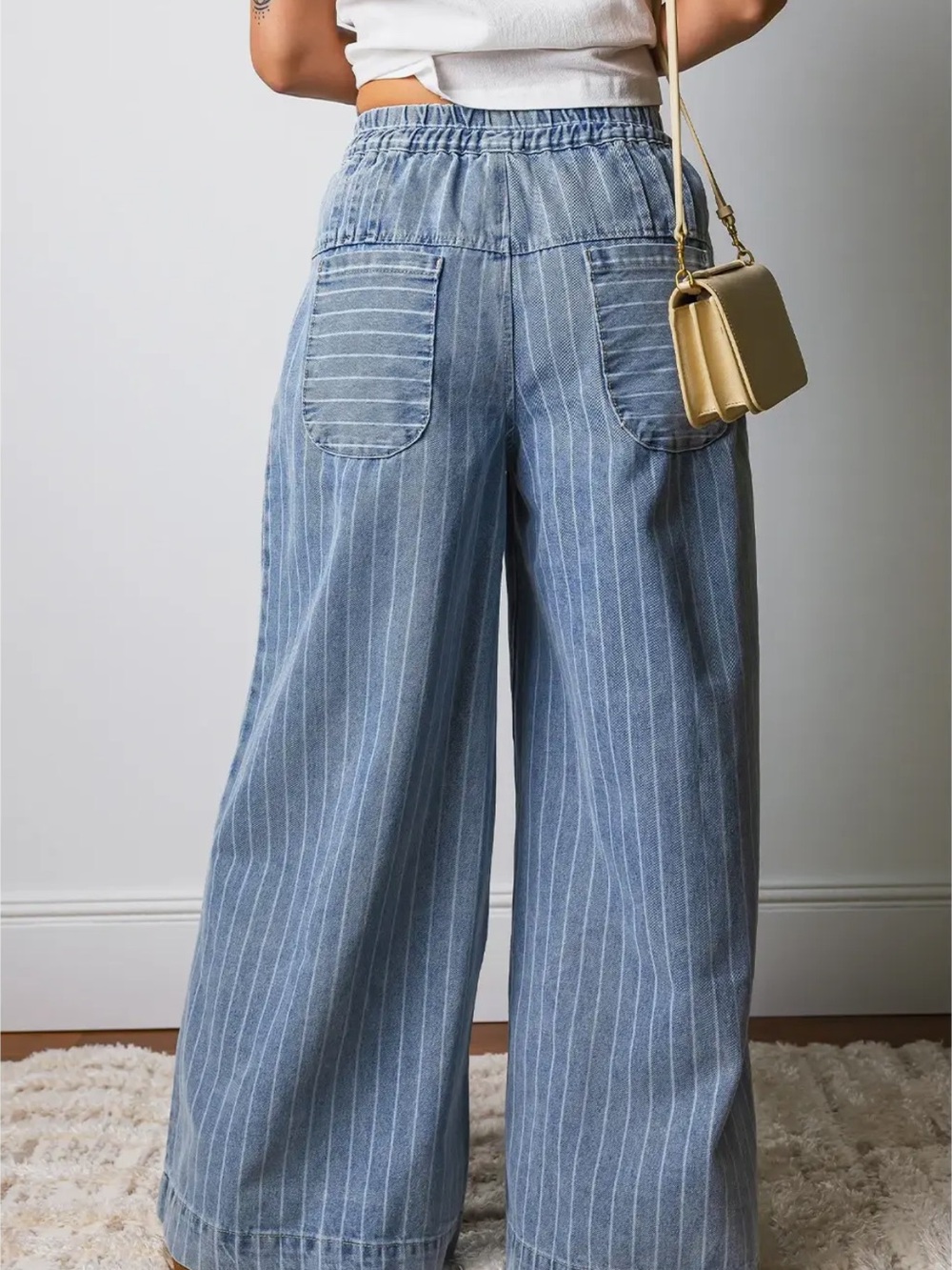 Wide Leg Pinstripe Denim Pants - Light Blue - Picture 2 of 4